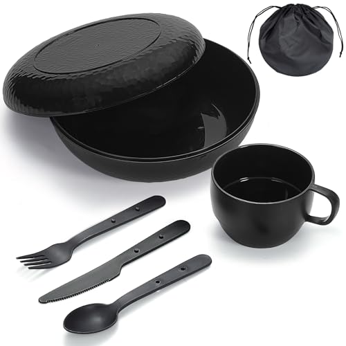 Berglander Camping Mess Kit with Bowl, Plate, Cup, Spoon, Fork, Knife and Carry Bag, Plastic Camping Accessories Essentials Gear for Travel, Camping, Picnic, Outdoor, Easy to Carry & Store - color: 1.Black