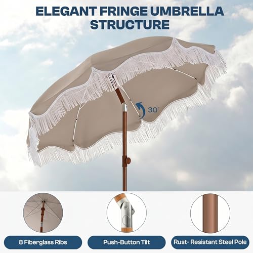 7ft Patio Umbrella with Fringe, Boho Beach Umbrellas, Outdoor Tassels Umbrellas with Push Button Tilt & Carrying Bag, 8 Windproof Fiberglass Ribs, UPF50+ - color: Beige