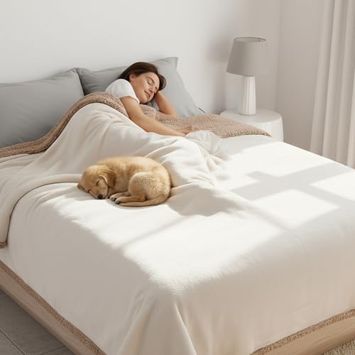 Makigued Waterproof Dog Blanket for Couch & Bed, Reversible Sherpa Fleece Pet Throw with Quiet TPU Barrier, Machine Washable Furniture Protector for Large Dogs & Cats, Queen Size 80x90 Inch, Cream - color: Cream, size: Queen(80"*90")