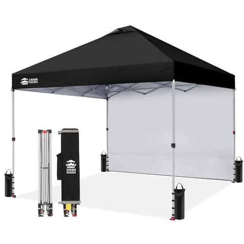 CROWN SHADES 10x10 Pop Up Canopy with 1 Side Wall - Beach Tent with One Push Setup - Outdoor Sun Shade for Events, Parties, Camping - Gazebo with STO-N-Go Cover Bag (Black) - color: Black, size: 10x10FT