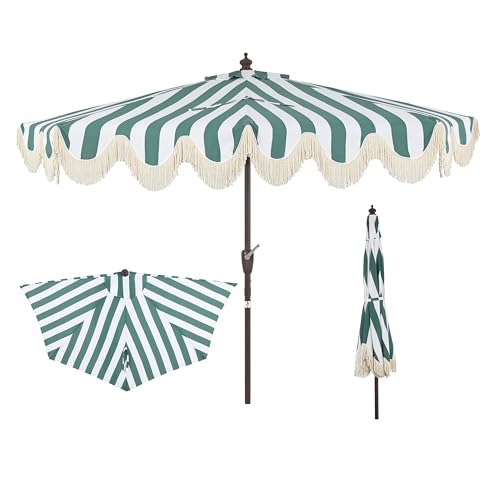 JONATHAN Y Half Umbrella UMB1201F Beverly 9 ft. Designer Classic Scalloped Fringe Market Patio with Crank, Push Button Tilt and UV Protection in Green/White - color: Green/White