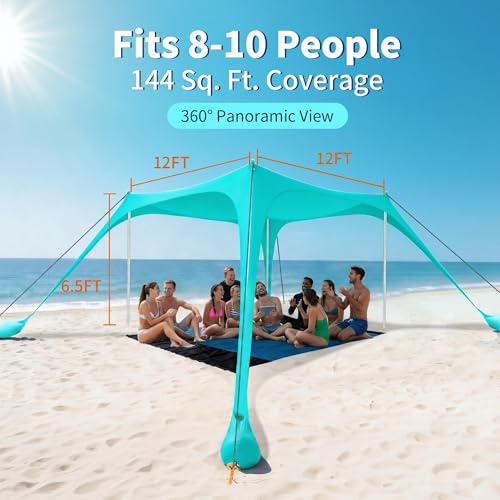 12x12 FT Beach Tent Sun Shelter UPF 50+, XL Beach Canopy with 4 Thickened Aluminum Poles, Sandbags, Windproof Portable Beach Sun Shade with Beach Blanket, Shovels, for Outdoor Camping Fishing RV Trip