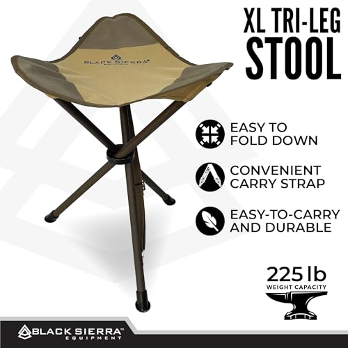 Black Sierra Folding Hunting Stool w/Shoulder Strap Supports 225 lbs, Lightweight Collapsible Tripod Seat, Foldable Steel Frame Chair Perfect for Hunting Blind, Fishing, Hiking, Travel - color: Tan 2