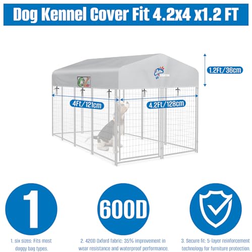 SIRUITON 4.2x4FT Outdoor Dog Kennel Replacement Cover, Heavy Duty 600D Oxford Fabric with Sun/Rain Dog Play Pen Top Covers Sun Shade Specialized,Snowproof,Sun( Cover Only) - color: Silver, size: 4.2x4FT