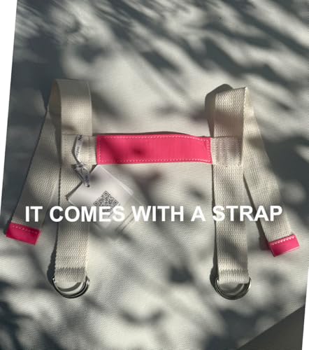Kids Picnic Blanket, Kids Beach Mat – Medium 4’9” × 3’3” Compact Canvas, Easy to Fold & Carry - color: Creamy White + Neon Barbie Pink Strap, size: 4'9" x 3'3"