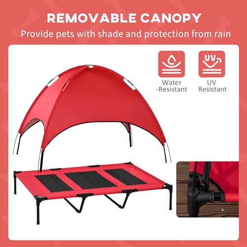 PawHut Elevated Dog Bed with Removable Canopy, Outdoor Dog Cot with UV Protection Canopy Shade, 48 inch Large Pet Bed for Camping, Red - color: Red, size: 48 inch
