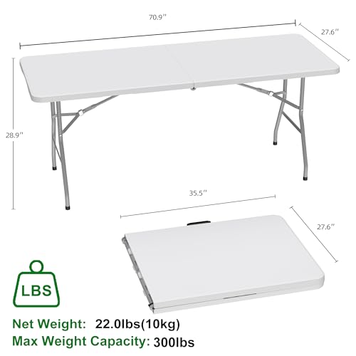 Allpop 6Ft Folding Table for Indoor Outdoor, Fold-in-Half Portable Plastic Dining Table with Carrying Handle for Picnic Party Camping, White - color: White, size: 6 Ft