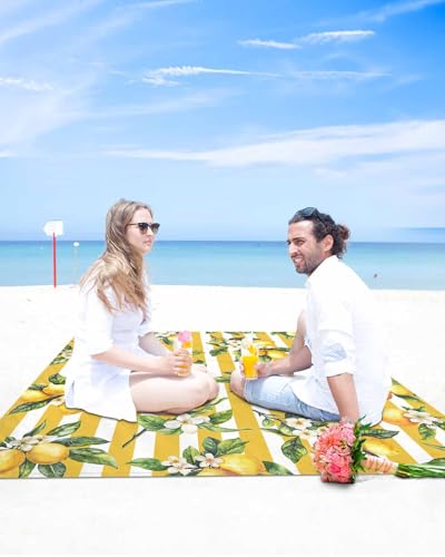 Lemon Beach Blanket Waterproof Sandproof 118"x108", Summer Yellow Stripes Oversized Beach Mat with 4 Corner Sand Pocket & 4 Stakes, Compact Outdoor Picnic Mat for Camping Travel Festivals - color: Yellow, size: 118"x108"