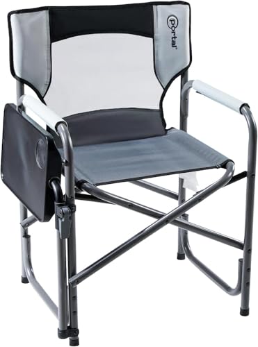 Portal Folding Director Chair with 2-Way Rotating Side Table, Heavy Duty 300 lb Camping Chair with Swivel Tray & Cup Holder, Ergonomic Mesh Back Portable Outdoor Seat for RV, Tailgating & Lawn, Grey