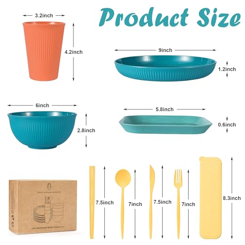 36PCS Wheat Straw Dinnerware Sets - Reusable Plates and Bowls Sets, Unbreakable Cups, Knives, Forks, Spoons & Chopstick, Microwave, Dishwasher Safe Tableware Kitchen Outdoor Camping Presents