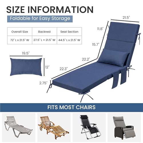 Crestlive Products Foldable Outdoor Chaise Lounge Cushions with Head Pillow and Side Pockets, Water Resistant& Fade Resistant Lounge Chair Cushion, 72''L x 21''W, Set of 2, Sky Blue - color: Sky Blue, size: 72"l X 21"w