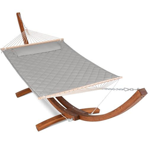 ANOW 13.5FT Curved Wood Stand with Double Hammock, Heavy Duty Larch Wood Arc Stand with 2 Chains, 4 Balance Ropes and 4 Carabiners, Includes Light Gray Hammock with Spreader Bars - color: Light Gray-quilted