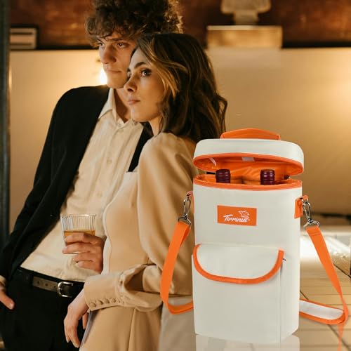 Tirrinia 2 Bottle Wine Gift Tote Carrier - Leakproof & Insulated with large pockets Wine Cooler Bag for Travel, Wine Tasting, Party, Dinner, Great Gift for Wine Lover,White Orange - color: White Orange, size: 2 Bottle-with front pocket