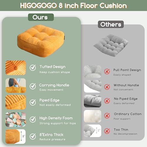 HIGOGOGO 8" Extra Thick Floor Pillow Cushion for Adults, Meditation Cushion Pillow, Large Square Floor Sitting, Tufted Corduroy Cover, for Tatami Living Room or Yoga, 22x22 Inch, Orange - color: Square Orange, size: 8" Thick(Pack of 1)
