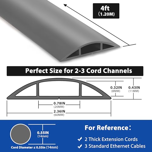 4ft Cord Cover for Wires on Floor, Grey Extension Cable Management, Hide Electrical Hider Protector, Cable Cavity: 0.78" W x 0.32" H - color: Grey, size: Large-4ft