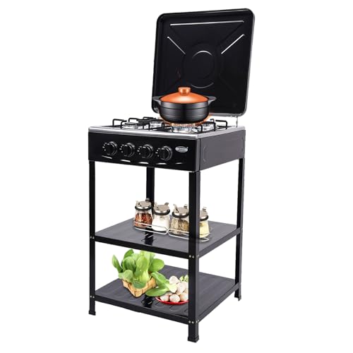 4 Burner Gas Stove Portable Outdoor Stove with Removable Storage Stand, Heavy Duty Stainless Steel Propane Gas Cooker with Wind Blocking Cover for Camping Picnic Home RV Cooking (no hose)