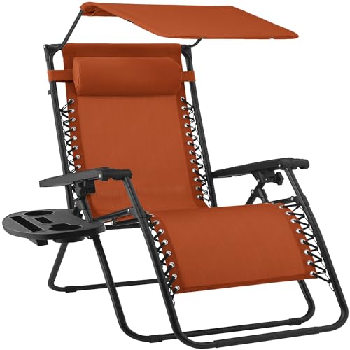 Best Choice Products 30” Wide Folding Zero Gravity Outdoor Recliner Patio Lounge Chair w/Adjustable Canopy Shade, Headrest, Side Accessory Tray - Burnt Orange - color: Burnt Orange, size: Oversized Extra Wide