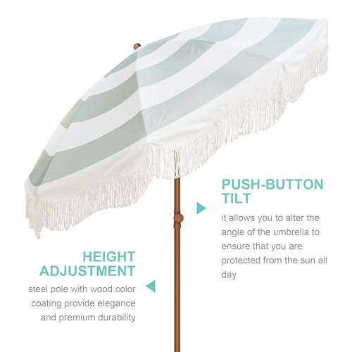 AMMSUN Boho Fringe Umbrella Outdoor Patio, 6.5ft UPF50+ Picnic Umbrella with Tassels with Steel Pole and Push Button Tilt, Vintage Green Stripe - color: Vintage Green Stripe