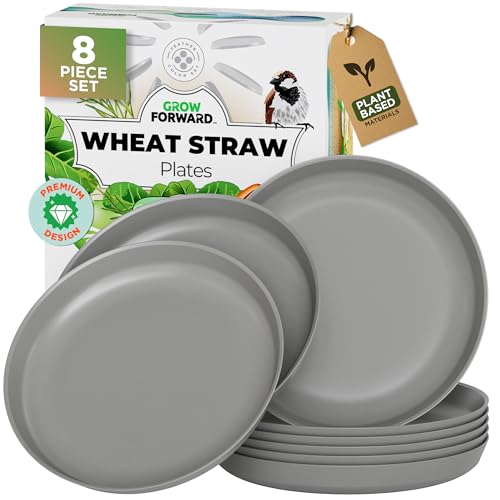 Grow Forward Premium Wheat Straw Plates - 10 Inch Reusable Hard Plastic Dinner Plates Set of 8 - Unbreakable Microwave Safe Plates for Dessert, Camping, RV, Outdoors, Patio, Kitchen Dishes - Feather - color: Feather Grey, size: 10 inch