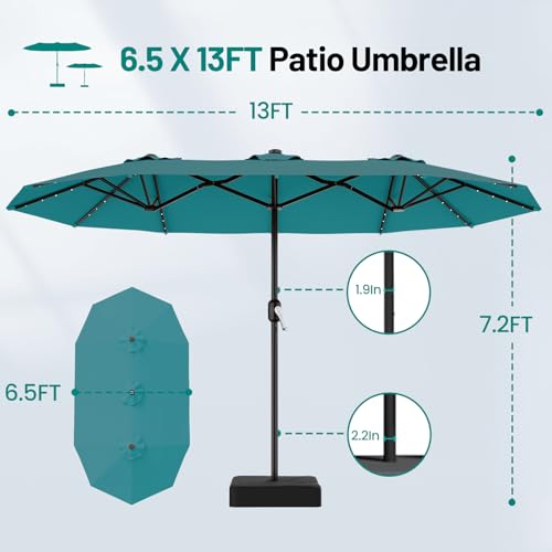AreShark 13 FT Patio Umbrella with Solar Lights, Double-Sided Outdoor Table Umbrellas with Crank, Large Rectangular Market Umbrella for Porch, Lawn, Pool, Backyard, Lake Blue - color: Lake Blue, size: 6.5x13 Ft