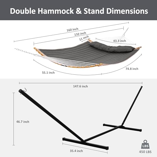 SUNCREAT Double Portable Hammock with Stand, 2 Person Hammock with Curved Spreader Bar, Balance Ropes Included, Dark Gray - color: Dark Gray