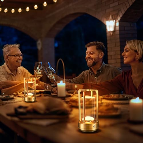 Rechargeable Table Lamp for Outdoor Indoor: Cordless Portable Table Lamps with 3 Color Stepless Dimmable - LED Metal Battery Operated Lantern - Small Table Lamp for Bedroom/Bar/Coffee Shop/Camping - color: Gold