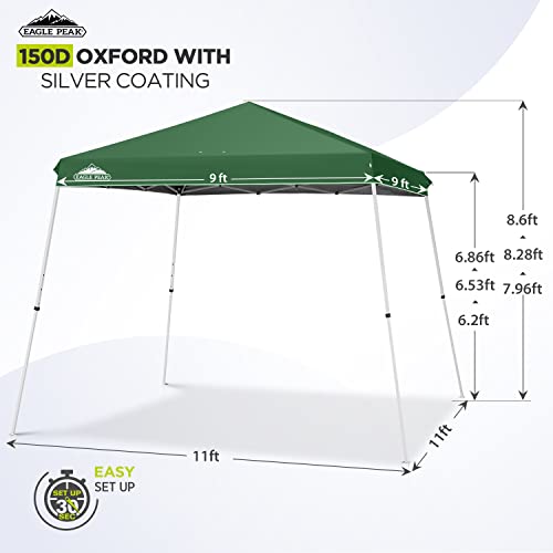 EAGLE PEAK 11x11 Slant Leg Pop-up Canopy Tent Easy One Person Setup Instant Outdoor Beach Canopy Folding Portable Sports Shelter 11' x 11' Base 9' x 9' Top (Green) - color: Green, size: 11x11