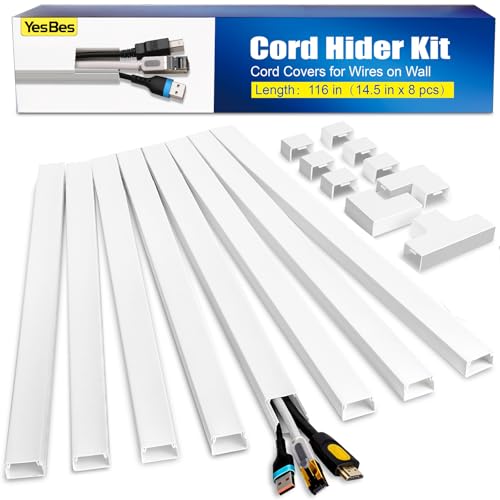 YesBes 116in Cord Hider Kit, Cord Covers for Wires on Wall, Paintable Cable Raceway, Cord Hider for Wall Mount tv, tv Cable Hider Wall kit, Wire Covers for Cords, W0.96in X H0.57in, White - color: White