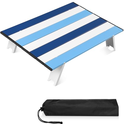 CroBlissful Beach Table Folding Camping Portable Table Striped White Aluminum Side with Carry Bag for Camping Picnics and Outdoor Activities(22x16x5 in,Navy Blue) - color: Navy Blue, size: 22x16x5 in
