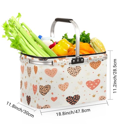 Sweet Love Heart Picnic Basket Large Collapsible Market Baskets Portable Reuasble Shopping Bags with Handles for Camping Beach Travel - color: Red