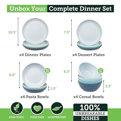 Grow Forward 16-piece Premium Wheat Straw Dinnerware Sets for 4 - Unbreakable Dishwasher & Microwave Safe Plastic Plates and Bowls Sets - Patio, Outdoors, RV, Camping Dishes - Seascape - color: Seascape