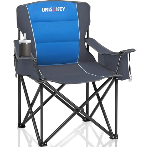 Unisakey Oversized Folding Camping Chair for Adults - 450lbs Support - Heavy Duty Portable Lawn Chairs with Side Pocket Cup Holder Cooler Bag for Sports Garden Beach Fishing, Blue - color: Blue