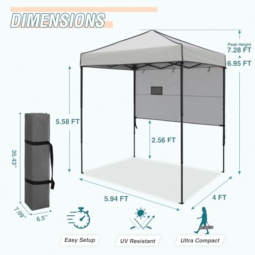 EAGLE PEAK 6x4 Instant Pop Up Canopy Tent with 1 Half Wall Panel, Straight Leg Sun Shelter, Portable Canopy with Carry Bag for Camping, Beach & Sports, Gray - color: Gray, size: Half Wall
