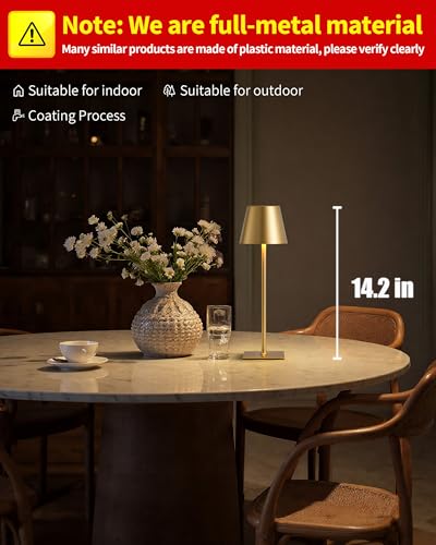 KDG 2 Pack Cordless Table Lamp, Portable LED Desk Lamps, 5000mAh Battery Operated, 3 Color Stepless Dimming Up, for Restaurant, Bedroom, Outdoor Camping, Coffee Shop, Night Light, Rechargeable (Gold) - color: Coated Gold-2