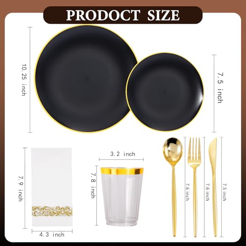 EI 350Pcs Black and Gold Matte Frosted Plastic Plates Disposable Heavy Duty,Dinnerware Set for Party Include 100 Disposable Plates,150 Silverware,50 Napkins,50 Cups for Party/Wedding/Events,Hotel - color: Black and Gold Plastic Plates Dinnerware