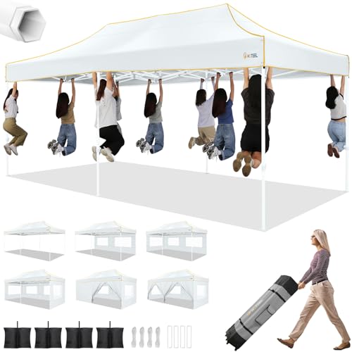 HOTEEL 10x20 Heavy Duty Pop up Canopy Tent with 6 Sidewalls, Easy Setup Outdoor Commercial Instant Gazebo for Parties Wedding Event, with Roller Bag & Sand Bags, White(Hexagonal Frame) - color: White, size: 10x20ft (+6 Walls)