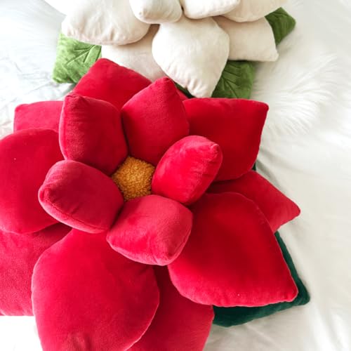 Green Philosophy Co. Poinsettia Plush Throw Pillow - Christmas Red Flower Shaped Accent Cushion | Unique Christmas Decor & Gift - color: Christmas Red