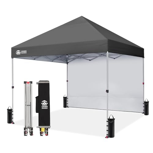 CROWN SHADES 8x8 Pop Up Canopy with 1 Side Wall - Beach Tent with One Push Setup - Outdoor Sun Shade for Events, Parties, Camping - Gazebo with STO-N-Go Cover Bag (Grid Grey) - color: Grid Grey, size: 8x8FT