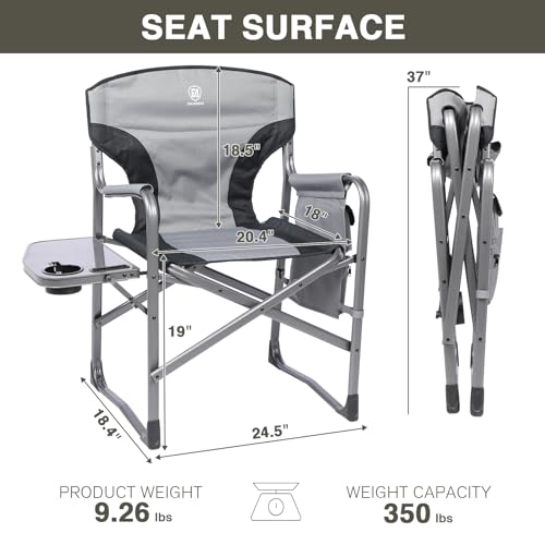 EVER ADVANCED Aluminum Lightweight Folding Director Chair, 350lbs Heavy Duty Camping Chair with Side Table & Storage, 19" Joint-Friendly Height Easy to Stand, Portable Makeup Artist & Vendor Chair - color: Grey, style: 2 Pack