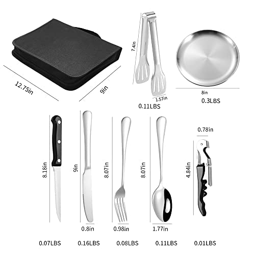 Camping Silverware Silver Picnic Plates and Utensils Set for 4 Portable Tableware Stainless Steel Dinnerware 20 Pieces With Organizer Bag Reusable Durable - size: 20, style: Silver Camping Flatware