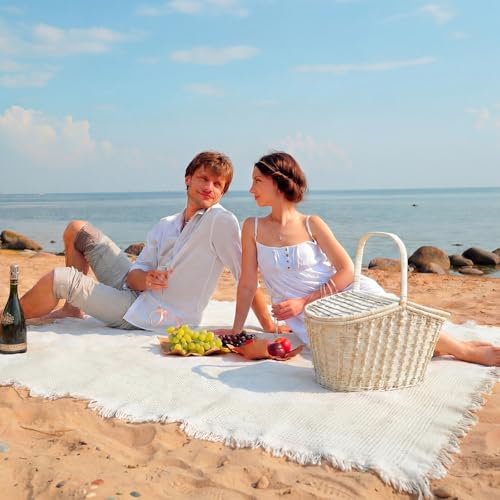 Giant Beach Blanket with Fringe 91 x 71 Inch Waffle Woven Cotton Oversize Yarn Outdoor Picnic Blanket Bohemia Sandproof Beach Towel for Spring Summer Camping Accessories(Milky White)