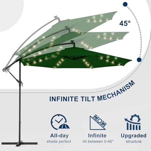 10FT 40-LED Solar Lighted Patio Umbrella, Outdoor Offset Cantilever Umbrella, Crank and Cross Bar, Infinite Tilt, UV Protection for Backyard, Lawn, Garden & Pool - color: Green, size: 10FT 40LED (Offset Umbrella)