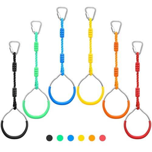 PELLOR Multi-Color Ninja Rings, Gymnastic Rings Backyard Playground Training Equipment Play for Kids & Adults, Swing Bar for Backyard Ninja Warrior Obstacle Course Kits - color: 6 Color