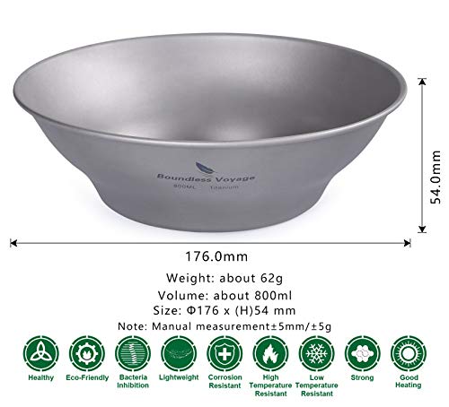 Boundless Voyage Ultralight Titanium Bowl Pan Plate Dish with Carry Bag Outdoor Camping Portable Tableware Cookware (Ti15165B (800ml Bowl)) - color: Ti15165B (800ml Bowl)