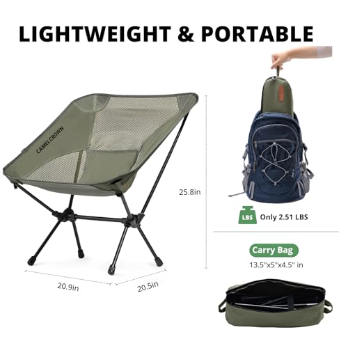 CAMEL CROWN Camping Chair Heavy Duty Backpacking Chair - Ultra-Light Folding Chair with Carry Bag, Portable Compact for Outdoor, Lawn, Hiking, Beach, Picnic - color: Army Green, size: 1 Pack