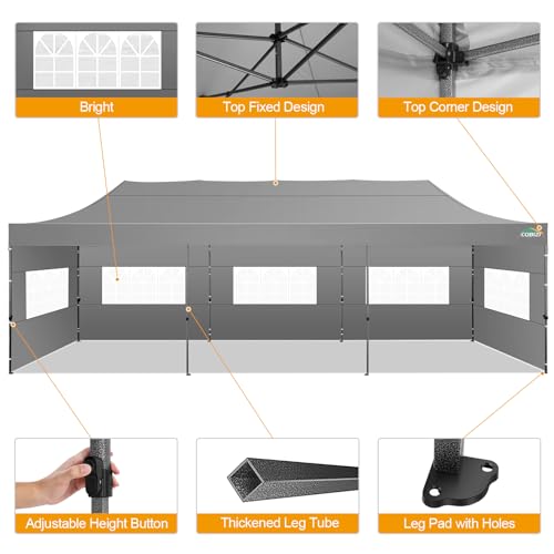COBIZI 10x30 Pop up Canopy Tent 10x30 Canopy with 8 Sidewalls Waterproof Heavy Duty Commercial Canopy Tent for Parties Outdoor Garden Gazebo, Carry Bag with Wheel(10x30ft, Gray) - color: Gray, size: 10X30FT 8 Sidewalls