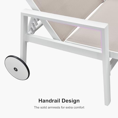 PURPLE LEAF Outdoor Lounge Chairs Set of 2 White Aluminum Chaise Lounge Chaisr Outdoor with Wheels and Armrest for Patio Deck Pool Side Table Include, Linen - color: Linen, style: Straight-leg w/ Armrest