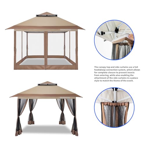 OASISHOME Pop-up Gazebo Portable Instant Canopy Tent 12x12, One-Push Locking System, with 4 Mesh Sidewall, Wheeled Bag, for Patio/Backyard/Outdoor/Parties/Events (Khaki,12FTx12FT) - color: Khaki(1 setup), size: 12X12 Top (10X10 Base)