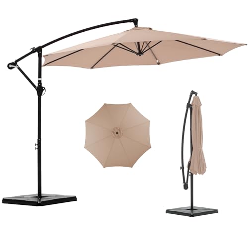 NEWBULIG 10FT Patio Umbrella, Offset Cantilever Outdoor Patio Table Umbrella, UV Protection, Fade Resistant Fabric, Easy Tilt Adjustment for Pool, Deck, Garden, Backyard - color: Khaki, size: 10FT-with 4 Bases