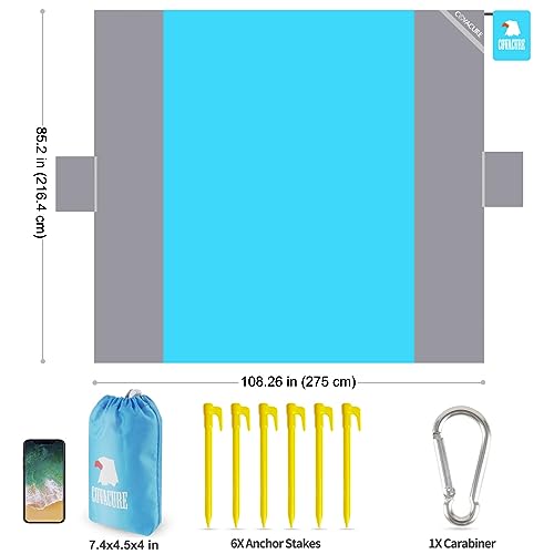 covacure Extra Large Beach Blanket Sandproof Waterproof - 108"x85" for 7-8 Adults, Oversized Portable Beach Mat with Zipper Pockets, Lightweight Durable Outdoor Accessories for Beach, Camping, Travel - color: Blue 108"x85"